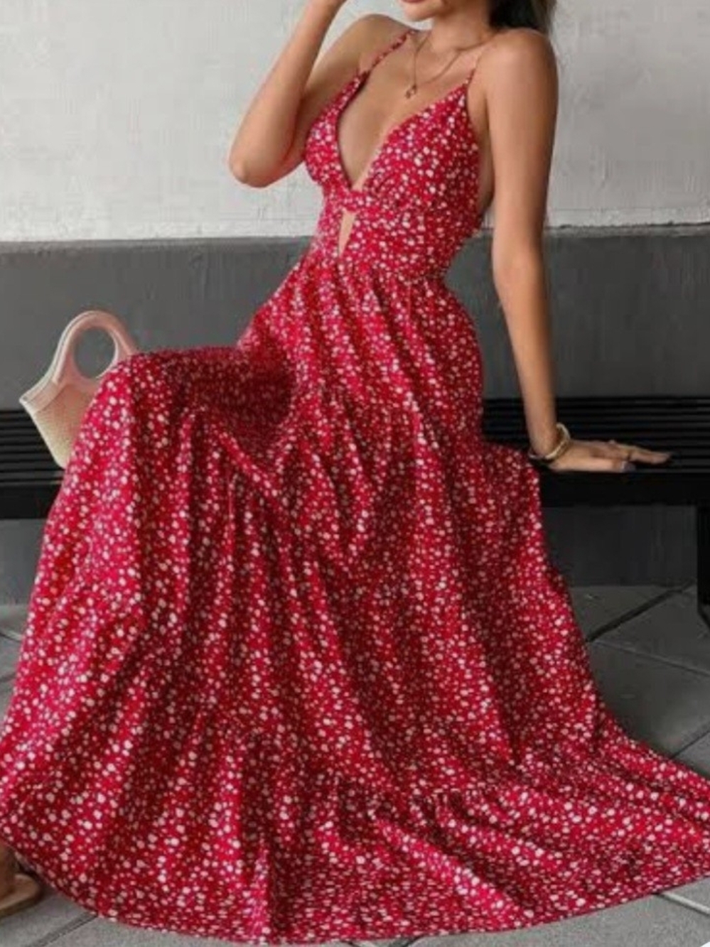 SHEIN Red Floral Cutout Maxi Dress